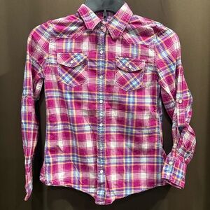 Girls Mudd Multicolor Plaid Shirt, Adjustable Sleeves, Size M (10/12)